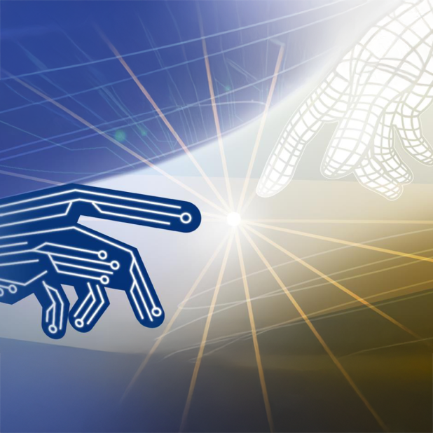 This image features a stylized digital hand interfacing with a wireframe hand, symbolizing the interaction between human and artificial intelligence. 