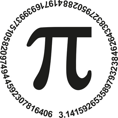This image features the mathematical constant Pi surrounded by the value of Pi arranged in a circle.